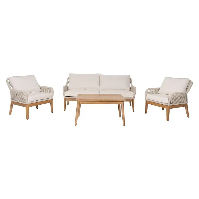 Mendler Gartengarnitur HWC-H56b Seilgeflecht Rope Holz Akazie - creme -  - Gartenlounge-Set: zwei Sessel, ein Zweisitzer-Sofa, ein Couchtisch. Helle Holzrahmen, geflochtene Seildetails, cremefarbene Kissen.