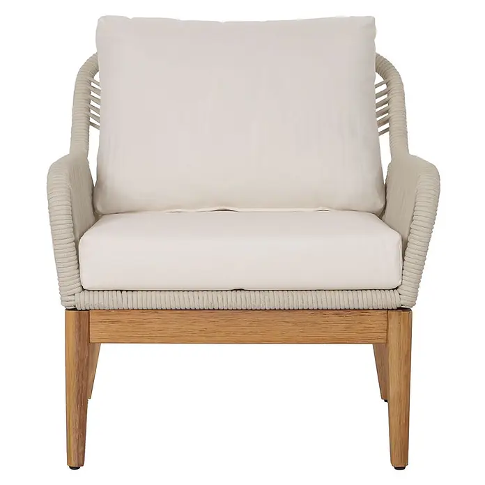 Mendler Gartengarnitur HWC-H56b Seilgeflecht Rope Holz Akazie - creme -  - Moderner Outdoor-Sessel mit hellbeigem Seilgeflecht, Naturholzgestell und cremefarbenen Kissen.