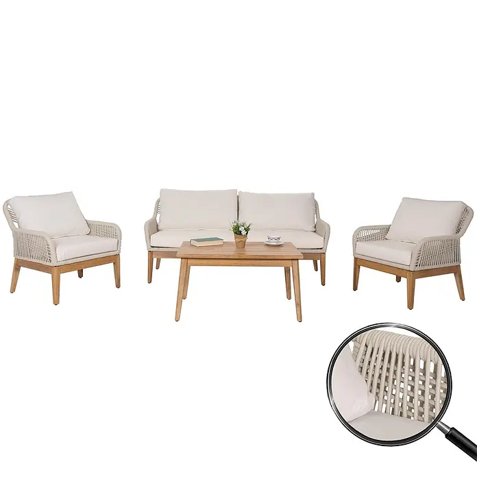 Mendler Gartengarnitur HWC-H56b Seilgeflecht Rope Holz Akazie - creme -  - Outdoor-Loungeset mit zwei cremefarbenen Sessel, passendem Zweisitzer-Sofa und einem hellbraunen Couchtisch aus Holz.