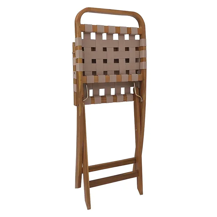 Mendler Garten-Set HWC-P70 Seilgeflecht Akazie Holz klappbar - Natur, Creme -  - Gefalteter Klappstuhl aus braunem Holz mit geflochtenen beigen Gurten für Sitzfläche und Rückenlehne.