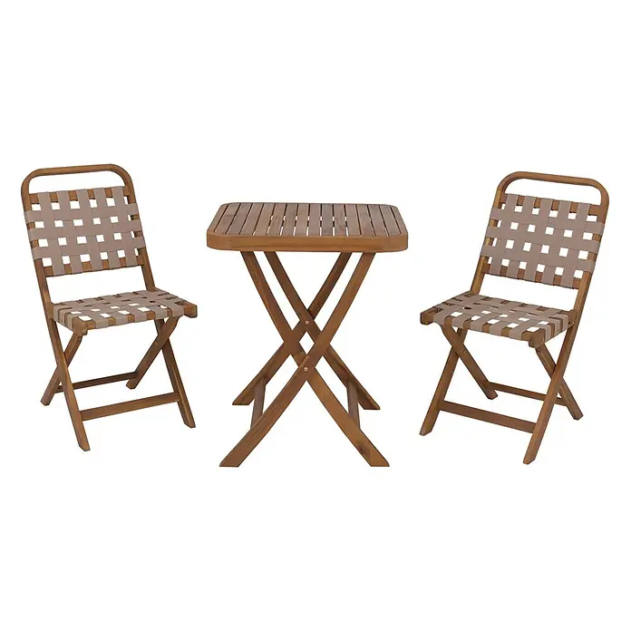 Mendler Garten-Set HWC-P70 Seilgeflecht Akazie Holz klappbar - Natur, Creme -  - Klappbare Terrassengarnitur aus Holz mit zwei Stühlen mit beigen Gurtbändern und einem rechteckigen Lamellentisch.