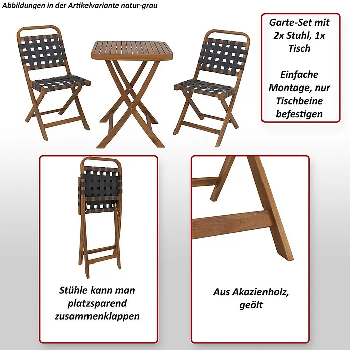 Mendler Garten-Set HWC-P70 Seilgeflecht Akazie Holz klappbar - Natur, grau -  - Gartenmöbel-Set aus geöltem Akazienholz mit 2 Klappstühlen und 1 Tisch, mit grauen Gurten.