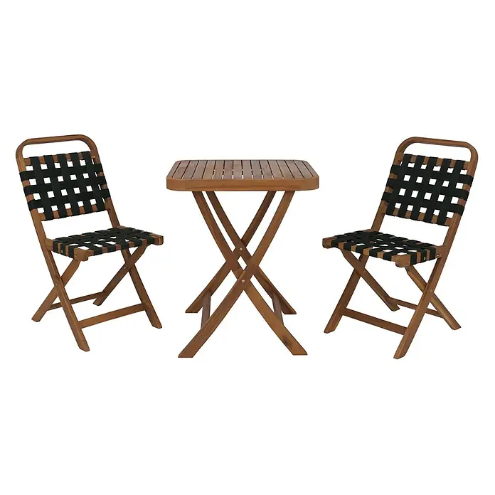 Mendler Garten-Set HWC-P70 Seilgeflecht Akazie Holz klappbar - Natur, grün -  - Klappbares Bistro-Set aus Holz mit quadratischem Tisch und zwei Stühlen mit schwarzen geflochtenen Sitz- und Rückenlehnen.