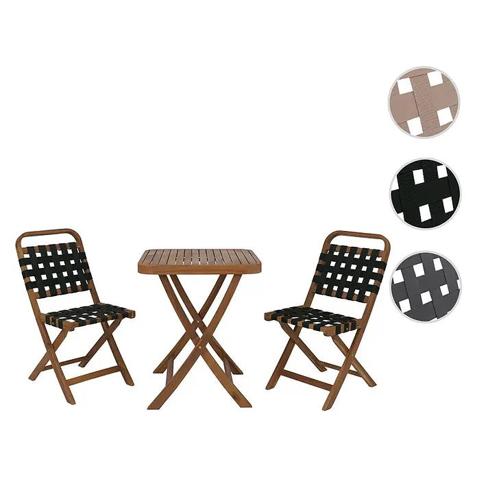 Mendler Garten-Set HWC-P70 Seilgeflecht Akazie Holz klappbar - Natur, grün -  - Klappbares Bistro-Set aus Holz mit quadratischem Tisch und zwei Stühlen mit schwarzen Gurtband-Sitzflächen und -Rückenlehnen. Farbmuster zeigen beige und graue Optionen.