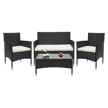 Mendler Poly-Rattan Garnitur HWC-F55 - schwarz, Kissen Creme