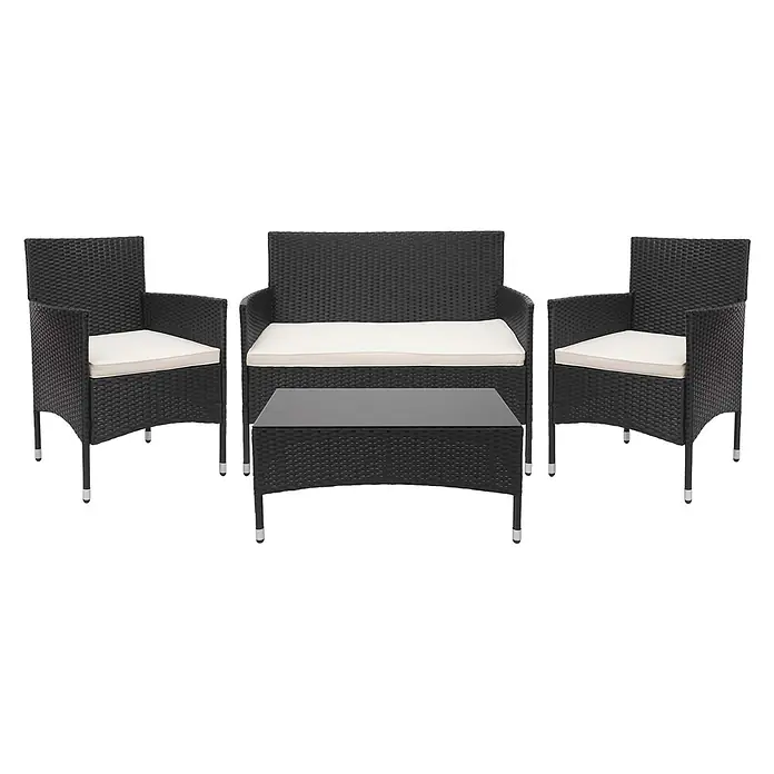 Mendler Poly-Rattan Garnitur HWC-F55 - schwarz, Kissen Creme -  - Schwarzes Rattan-Gartenlounge-Set: zwei Sessel, ein Sofa, ein Glastisch und cremefarbene Kissen.