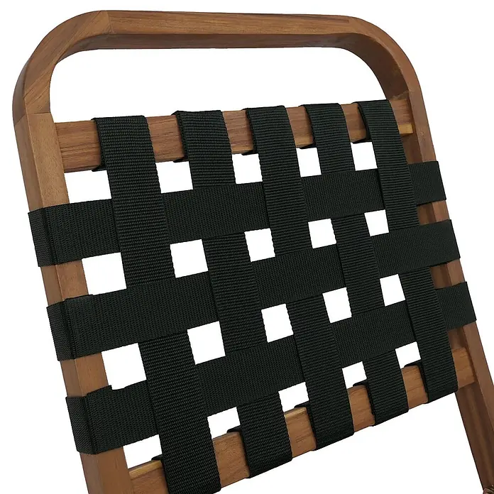 Mendler Garten-Set HWC-P70 Seilgeflecht Akazie Holz klappbar - Natur, grün -  - Rückenlehne eines Stuhls mit Holzrahmen und schwarzen Gurtbändern.