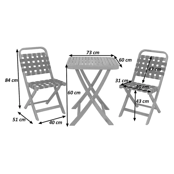 Mendler Garten-Set HWC-P70 Seilgeflecht Akazie Holz klappbar - Natur, grau -  - Hölzernes faltbares Gartenmöbel-Set mit zwei Stühlen und einem Tisch, mit Maßen dargestellt.