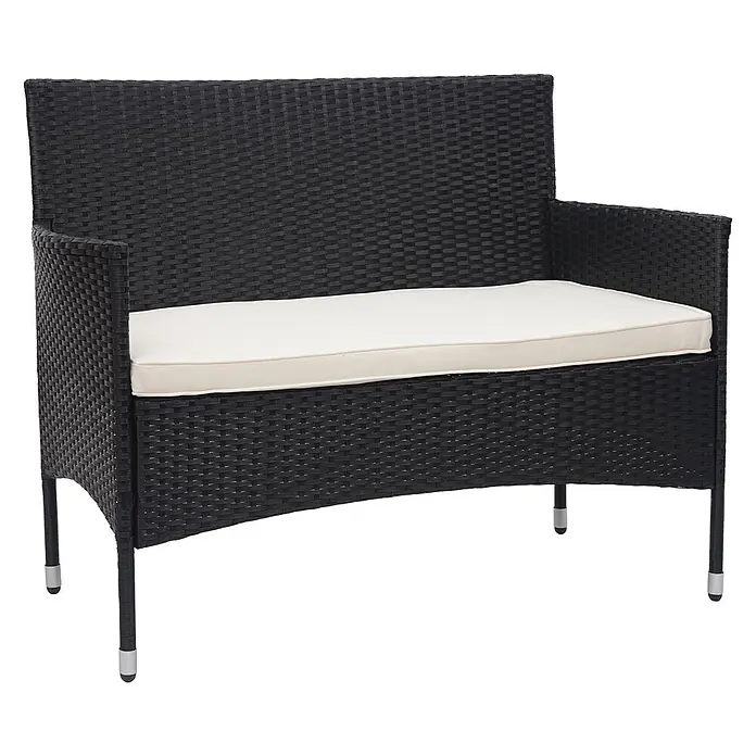 Mendler Poly-Rattan Garnitur HWC-F55 - schwarz, Kissen Creme -  - Schwarze Rattan-Gartenbank mit weißem Sitzkissen.
