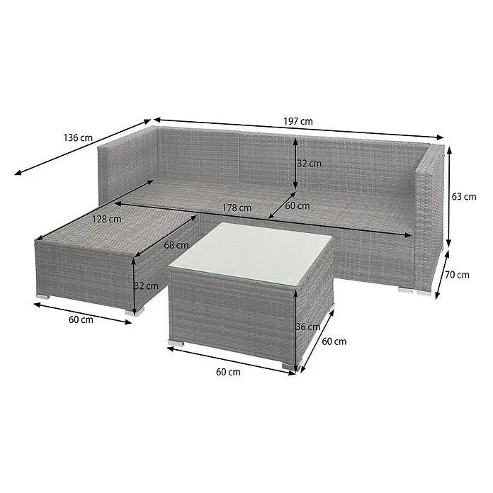 Mendler Loungemöbel-Set HWC-F57 - 3 -tlg., Polyrattan, Braun, Kissen dunkelgrau ohne Deko-Kissen, Braun, dunkelgrau - Graue Rattan-Gartenlounge-Set mit Sofa, Ottomane und Couchtisch, detaillierte Maße.