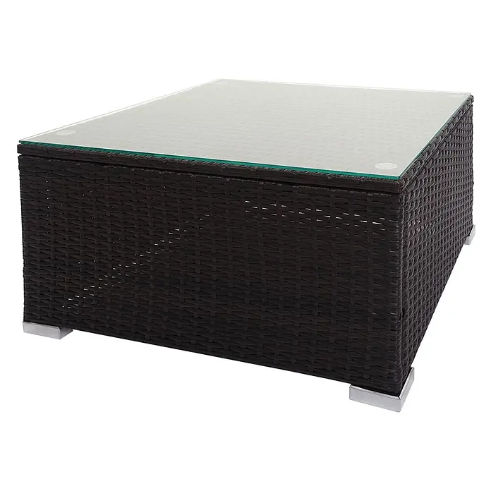 Mendler Loungemöbel-Set HWC-F57 - 3 -tlg., Polyrattan, Braun, Kissen dunkelgrau ohne Deko-Kissen, Braun, dunkelgrau - Rechteckiger, dunkelbrauner Rattan-Couchtisch mit klarer Glasplatte und silberfarbenen Füßen.