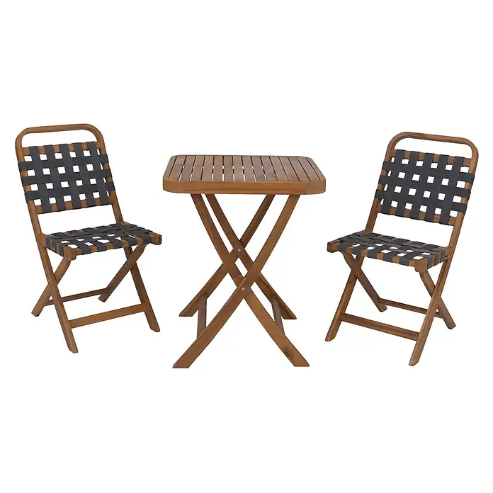 Mendler Garten-Set HWC-P70 Seilgeflecht Akazie Holz klappbar - Natur, grau -  - Klappbares Outdoor-Bistro-Set mit quadratischem Lattenholztisch und zwei Stühlen mit dunkelgrauen Gurtbändern und Holzgestellen.