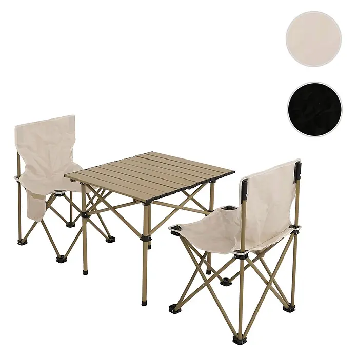 Mendler Gartenmöbel-Set HWC-N50 - 3 -tlg., Metall, Weiß, Weiß - Klappbarer beiger Campingtisch und zwei passende Stühle, ideal für den Außenbereich.