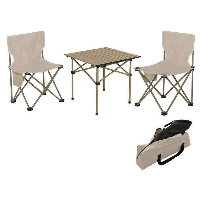 Mendler Gartenmöbel-Set HWC-N50 - 3 -tlg., Metall, Weiß, Weiß - Tragbarer beiger Campingtisch und zwei passende Stühle mit Tragetasche, bereit für den Außeneinsatz.