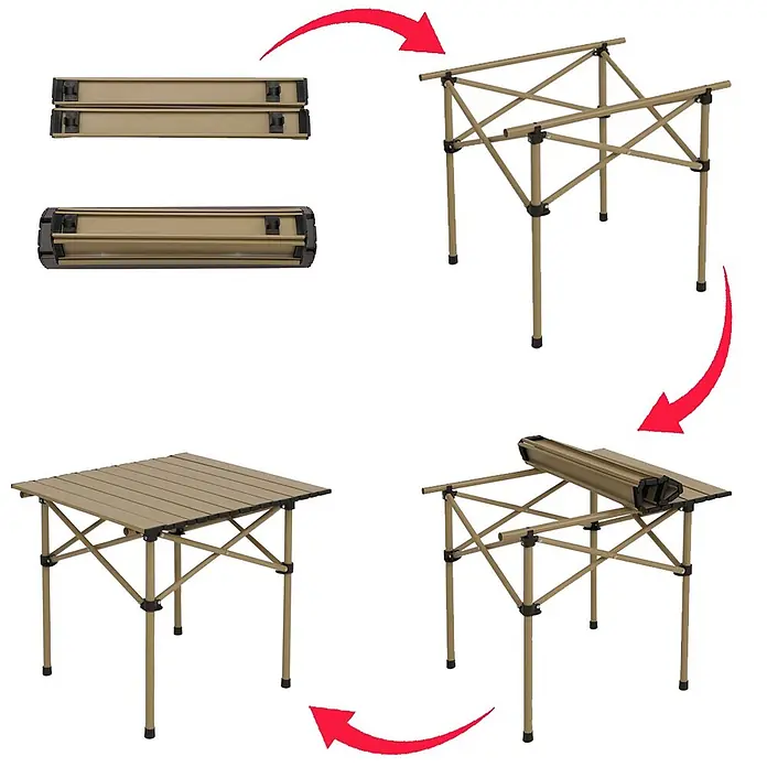 Mendler Gartenmöbel-Set HWC-N50 - 3 -tlg., Metall, Weiß, Weiß - Zusammenklappbarer beiger Campingtisch mit Aluminiumrahmen und aufrollbarer Lamellenplatte, in kompaktem, aufgebautem und montiertem Zustand.