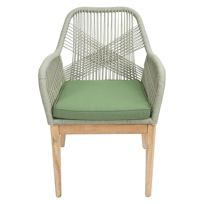 Mendler Gartensessel HWC-H56 - 1 Stk., Holz, Grün, Kissen grün, B x T x H: 58 x 59 x 85 cm - Outdoor-Sessel mit salbeigrüner geflochtener Seilkonstruktion, grünem Kissen und Holzbeinen.