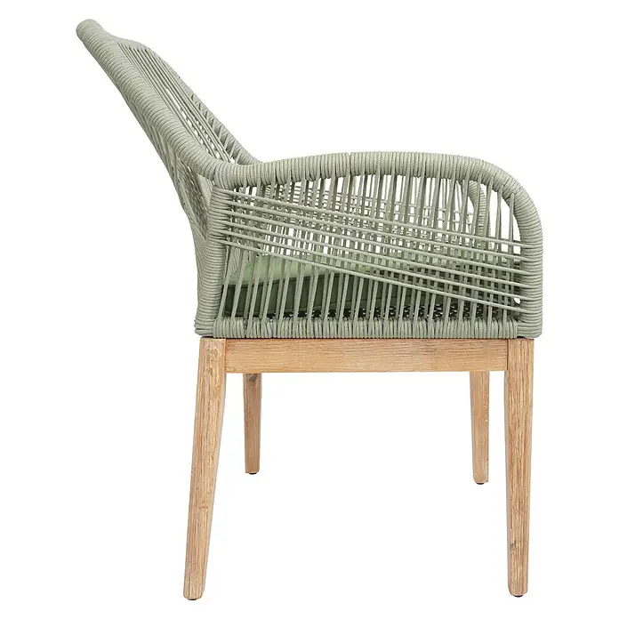 Mendler Gartensessel HWC-H56 - 1 Stk., Holz, Grün, Kissen grün, B x T x H: 58 x 59 x 85 cm - Seitenansicht eines salbeigrünen geflochtenen Stuhls mit naturfarbenen Holzbeinen und grünem Kissen.