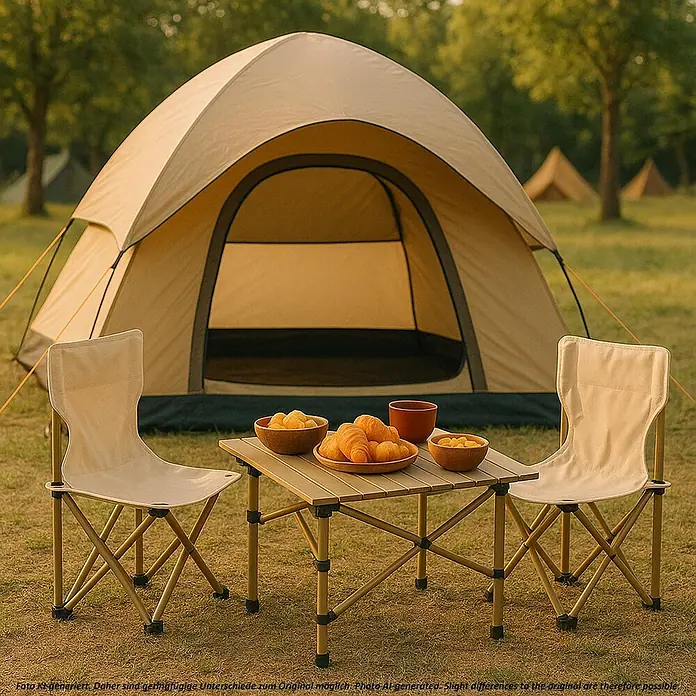Mendler Gartenmöbel-Set HWC-N50 - 3 -tlg., Metall, Weiß, Weiß - Zwei beigefarbene Falt-Campingstühle und ein Holztisch mit Snacks vor einem Zelt auf einem Campingplatz.