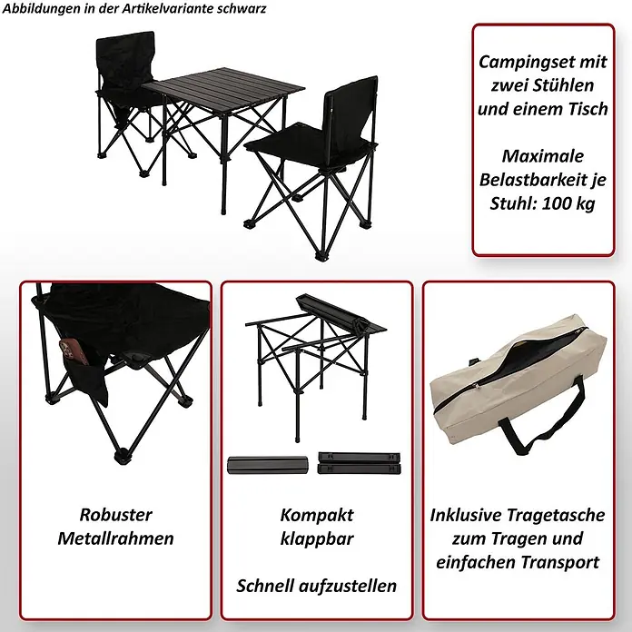 Mendler Gartenmöbel-Set HWC-N50 - 3 -tlg., Metall, Weiß, Weiß - Schwarzes faltbares Campingset mit Tisch und zwei Stühlen, robustem Metallrahmen und Tragetasche für einfachen Transport.