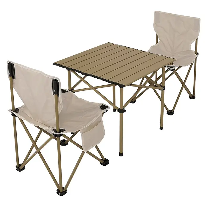 Mendler Gartenmöbel-Set HWC-N50 - 3 -tlg., Metall, Weiß, Weiß - Tragbarer beigefarbener Campingtisch mit zwei passenden beigen Klappstühlen, ideal für den Außenbereich.