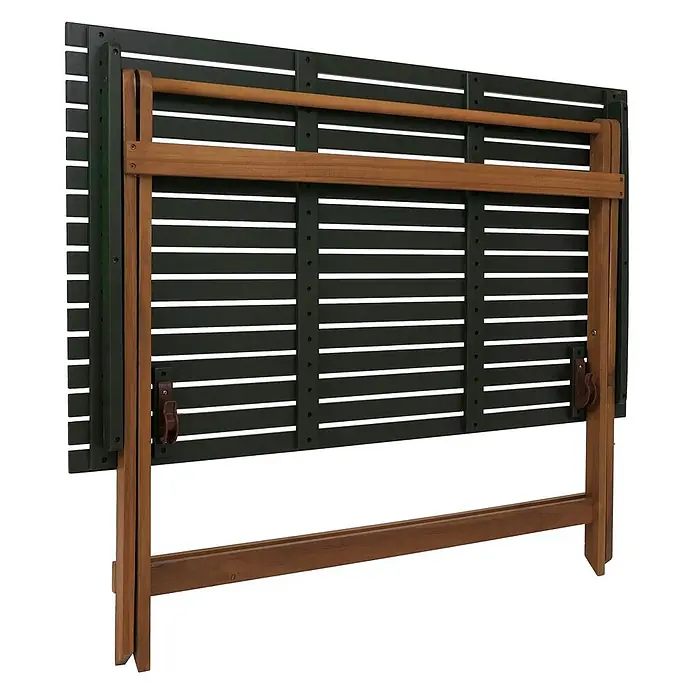 Mendler Garnitur HWC-P72 Akazie Holz klappbar - Natur-grün -  - Geklappter dunkelgrüner Gartentisch mit braunem Holzgestell.
