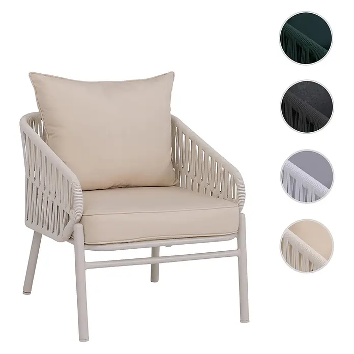 Mendler Gartensessel HWC-P90 - 1 Stk., Metall, Creme, B x T x H: 64 x 70 x 67 cm - Hellbeiger Sessel aus Geflecht mit passenden Kissen und Metallgestell.