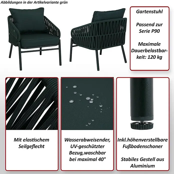 Mendler Gartensessel HWC-P90 - 1 Stk., Metall, Creme, B x T x H: 64 x 70 x 67 cm - Dunkelgrüner Gartenstuhl mit elastischem Seilgeflecht, UV-geschützten Polstern und stabilem Aluminiumgestell mit höhenverstellbaren Füßen.