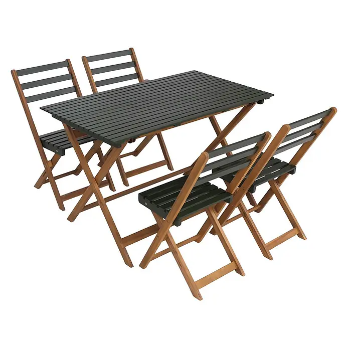 Mendler Garnitur HWC-P72 Akazie Holz klappbar - Natur-grün -  - Klappbares Outdoor-Essgruppe mit Holzrahmen und dunkelgrüner Latten-Tischplatte und vier Stühlen.