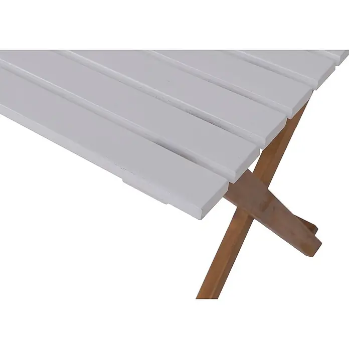 Mendler Garnitur HWC-P72 Akazie Holz klappbar - Natur-weiß -  - Weiße Latten-Tischplatte mit hölzernen Klappbeinen.