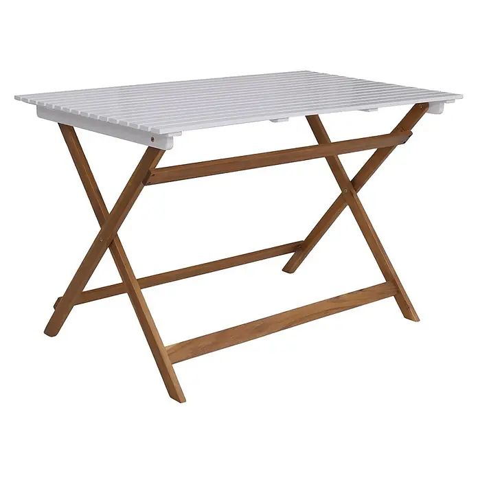 Mendler Garnitur HWC-P72 Akazie Holz klappbar - Natur-weiß -  - Klappbarer Gartentisch mit weißer Lattenplatte und braunem Holz-X-Gestell.