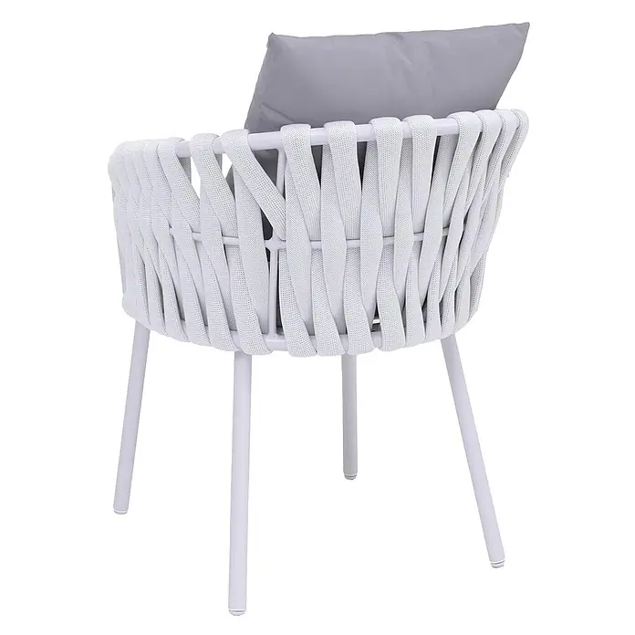 Mendler Gartenstuhl-Set HWC-P89 - 2 Stk., Metall, Hellgrau, B x T x H: 56 x 57 x 71 cm - Weißer Outdoor-Sessel mit geflochtener Rückenlehne und hellgrauem Kissen.