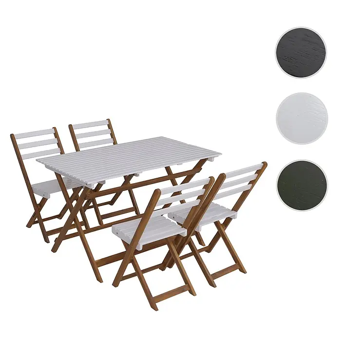 Mendler Garnitur HWC-P72 Akazie Holz klappbar - Natur-weiß -  - Weißer Latten-Klapptisch mit vier passenden Stühlen und braunen Holzgestellen.