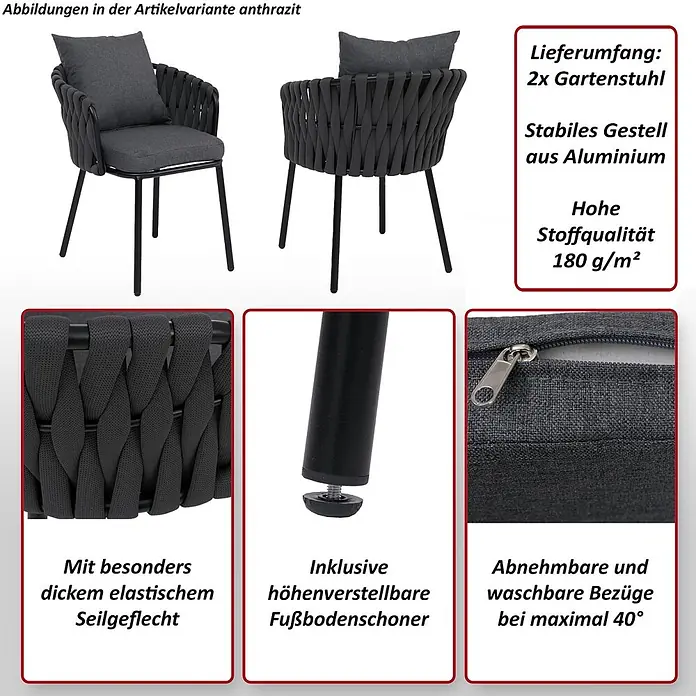 Mendler Gartenstuhl-Set HWC-P89 - 2 Stk., Metall, Hellgrau, B x T x H: 56 x 57 x 71 cm - Zwei anthrazitfarbene Gartenstühle mit Aluminiumgestell, dickem elastischem Seilgeflecht und waschbaren Kissen. Inklusive höhenverstellbarer Füße.