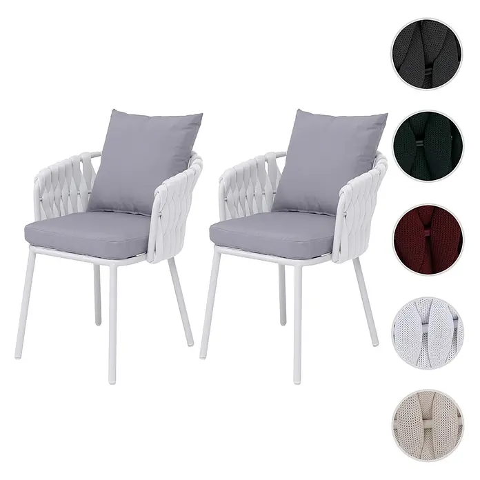 Mendler Gartenstuhl-Set HWC-P89 - 2 Stk., Metall, Hellgrau, B x T x H: 56 x 57 x 71 cm - Zwei weiße Outdoor-Esszimmerstühle mit geflochtenen Seilrückenlehnen und grauen Kissen, in verschiedenen Seilfarben erhältlich.