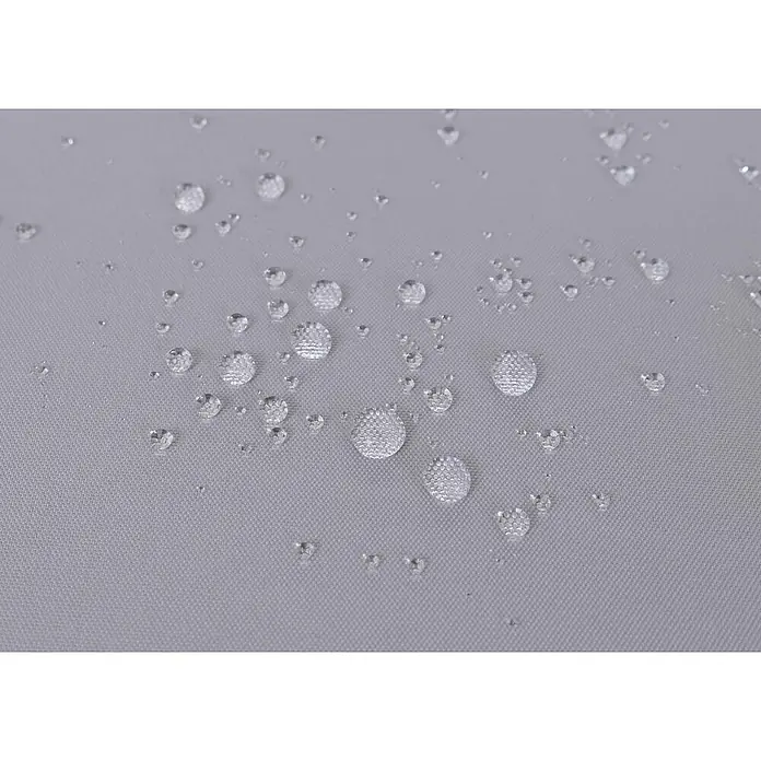 Mendler Gartenstuhl-Set HWC-P89 - 2 Stk., Metall, Hellgrau, B x T x H: 56 x 57 x 71 cm - Grauer, wasserabweisender Stoff mit sichtbaren Wassertropfen auf seiner Oberfläche, der seine wasserabweisenden Eigenschaften zeigt.