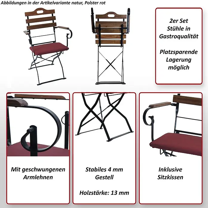 Mendler Gartenstuhl-Set HWC-J40 - 2 Stk., Holz, Hellbraun, Polster rot, B x T x H: 58 x 45 x 105 cm - Zwei klappbare Holzstühle in Natur mit roten Sitzkissen und schwarzem Metallgestell. Gastroqualität, platzsparend lagerbar.