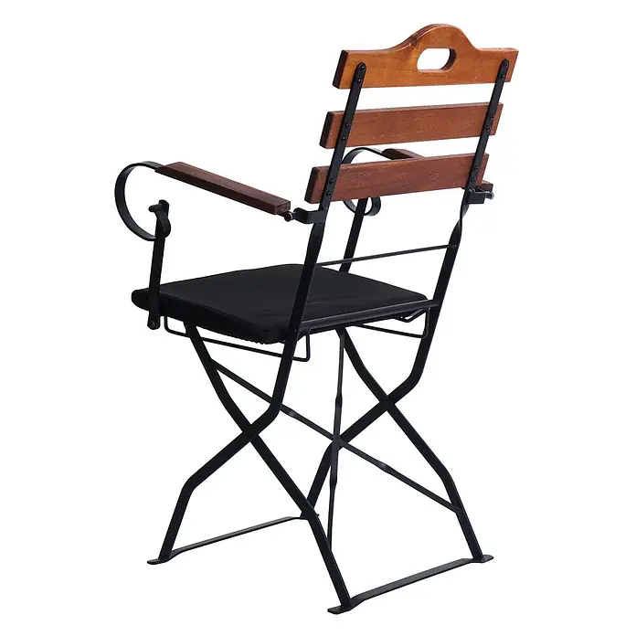 Mendler 2er-Set Biergartenstuhl HWC-J40 - braun, Polster schwarz -  - Klappstuhl mit schwarzem Metallgestell, dunklen Holzleisten und schwarzem Kissen.