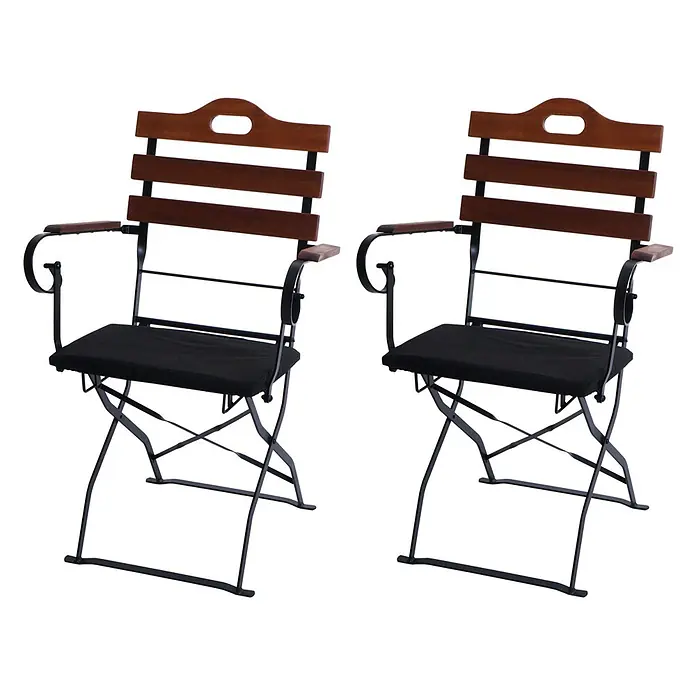 Mendler 2er-Set Biergartenstuhl HWC-J40 - braun, Polster schwarz -  - Paar Klappstühle aus dunkelbraunem Holz und schwarzem Metall mit schwarzen Sitzkissen.