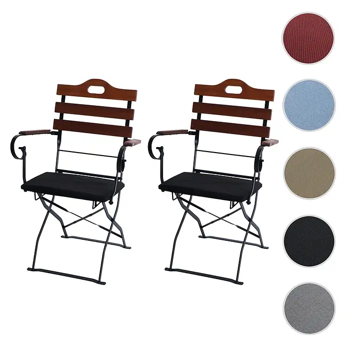 Mendler 2er-Set Biergartenstuhl HWC-J40 - braun, Polster schwarz -  - Zwei klappbare Bistrostühle mit dunklen Holzlatten, schwarzen Metallrahmen und schwarzen Sitzkissen.