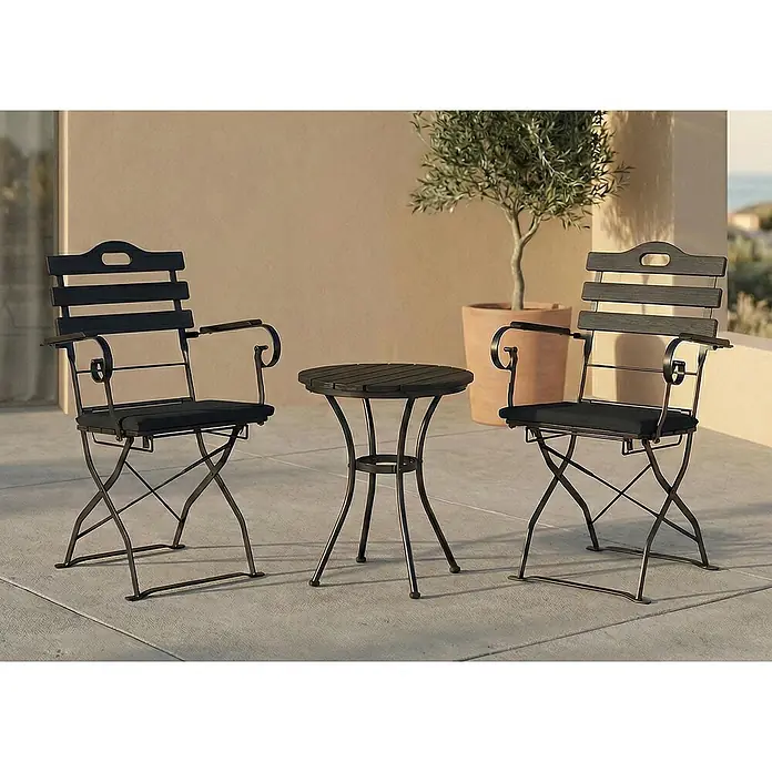 Mendler 2er-Set Biergartenstuhl HWC-J40 - braun, Polster schwarz -  - Dunkles Metall-Klapp-Bistrotischset mit zwei Stühlen und einem kleinen runden Tisch, ideal für den Außenbereich.
