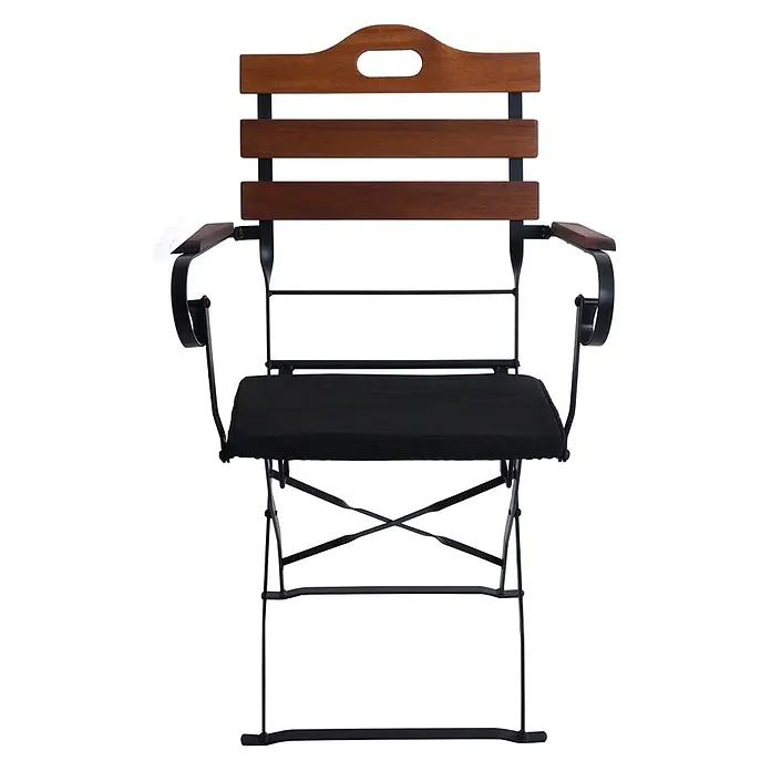 Mendler 2er-Set Biergartenstuhl HWC-J40 - braun, Polster schwarz -  - Klappstuhl mit dunkler Holzlehne und Armlehnen, schwarzem Metallgestell und schwarzem Sitzkissen.