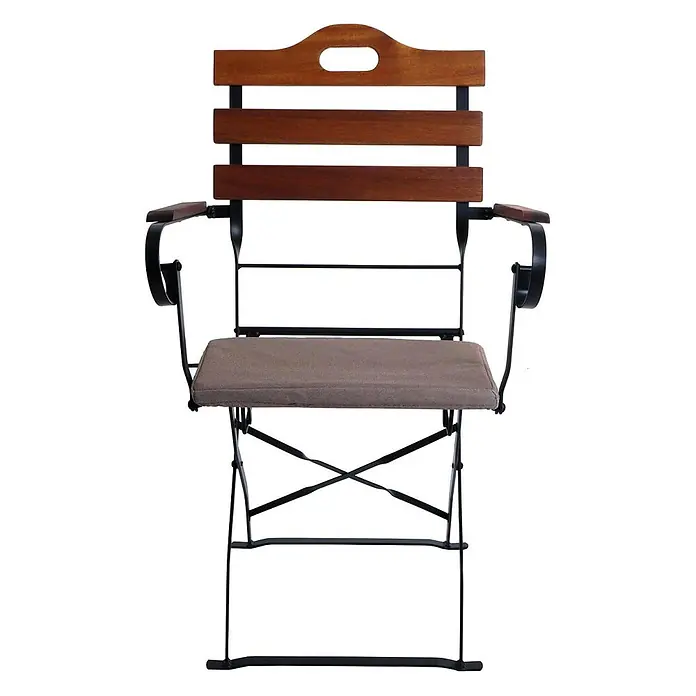 Mendler 2er-Set Biergartenstuhl HWC-J40 - braun, Polster Hellbraun -  - Klappbarer Bistrostuhl mit dunkler Holzlehne, Armlehnen, schwarzem Metallrahmen und braunem Stoffkissen.
