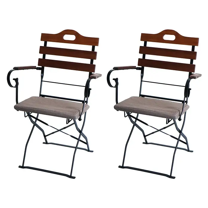 Mendler 2er-Set Biergartenstuhl HWC-J40 - braun, Polster Hellbraun -  - Zwei klappbare Gartenstühle mit dunklen Holzlatten, schwarzen Metallrahmen und braunen Sitzkissen.
