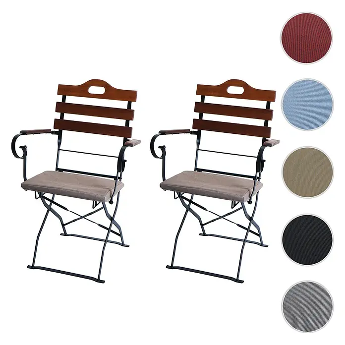 Mendler 2er-Set Biergartenstuhl HWC-J40 - braun, Polster Hellbraun -  - Zwei klappbare Gartenstühle mit Holzlatten, schwarzem Metallgestell und beigen Sitzkissen.