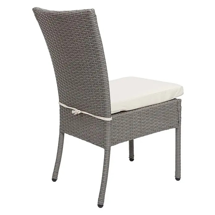 Mendler 2er-Set Poly-Rattan Stuhl HWC-G19 - grau, Kissen Creme -  - Grauer Rattanstuhl mit weißem Kissen, von hinten rechts gesehen.