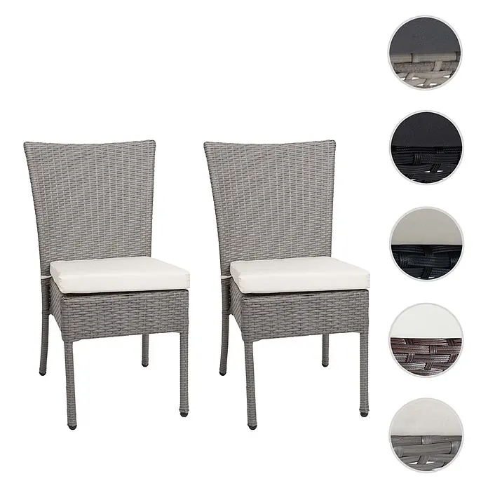 Mendler 2er-Set Poly-Rattan Stuhl HWC-G19 - grau, Kissen Creme -  - Zwei graue Outdoor-Esszimmerstühle im Rattan-Stil mit weißen Kissen. Nahaufnahmen zeigen schwarze und braune Variationen.