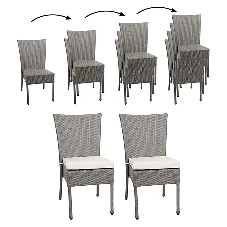 Mendler 2er-Set Poly-Rattan Stuhl HWC-G19 - grau, Kissen Creme