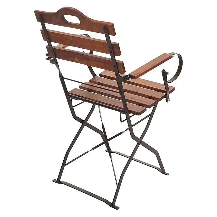 Mendler 2er-Set Biergartenstuhl HWC-J40 Akazie - braun -  - Dunkler Holzklappstuhl mit Armlehnen und schwarzem Metallgestell.