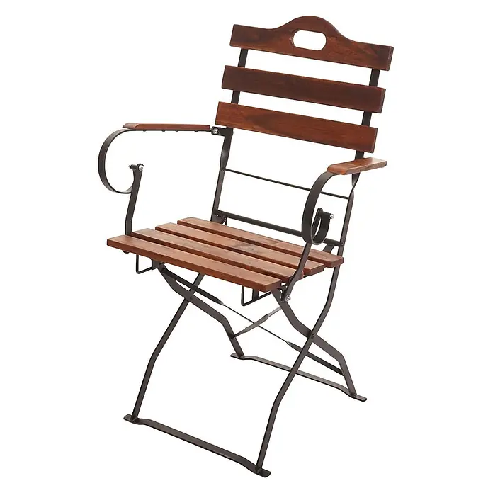 Mendler 2er-Set Biergartenstuhl HWC-J40 Akazie - braun -  - Dunkelbrauner Klappstuhl aus Holzlatten und schwarzem Metallgestell mit Armlehnen.