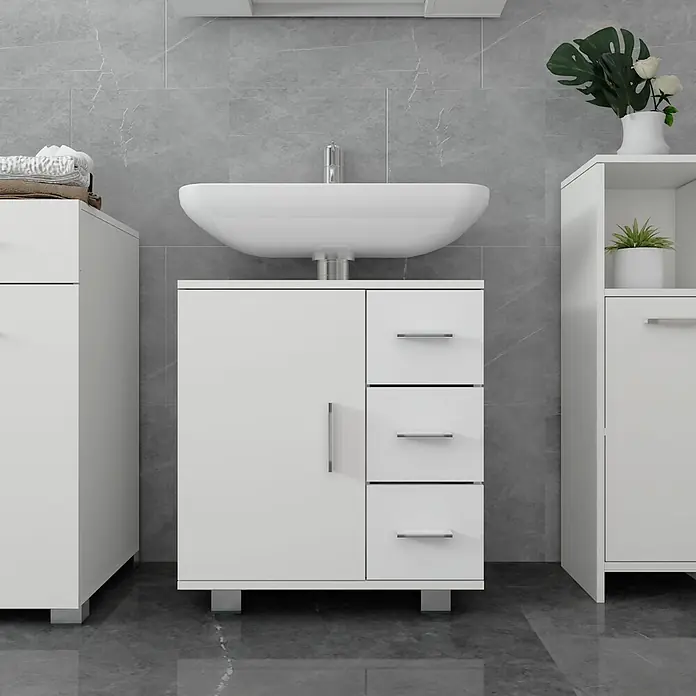 Waschbeckenunterschrank Weiß 60x60,8x33 cm mit Tür und 3 Schubladen -  - Weißer Badschrank mit Waschbecken, Tür und 3 Schubladen, flankiert von passenden Lagerschränken.